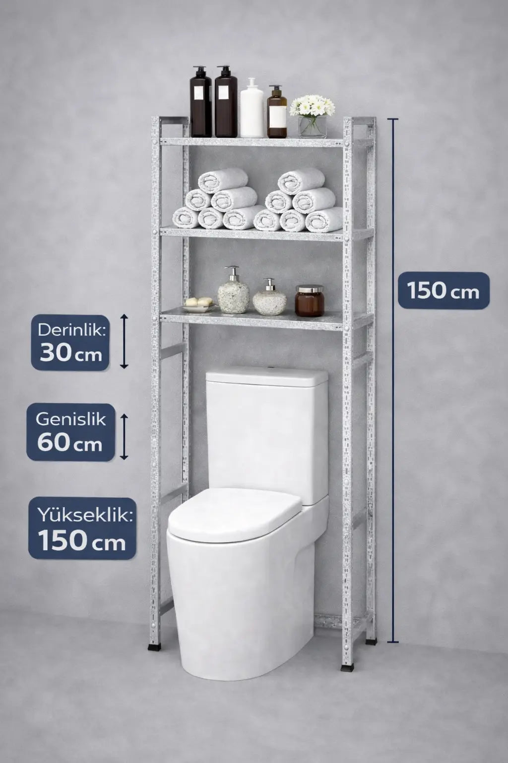 3 Raflı Metal Banyo Düzenleyici Metal Banyo Rafı Klozet Üstü 31X60X150 Raffar