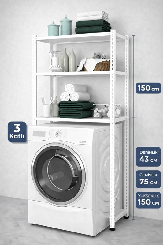 3 Raflı Metal Banyo Düzenleyici Metal Banyo Rafı Çamaşır Makinası Üstü 43X75X150 Raffar