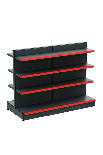 Bazalı Çift Yönlü Market Orta Reyon Rafı – 4 Katlı Antrasit, 2 Ünite – W180 × H140 × D30/40 cm