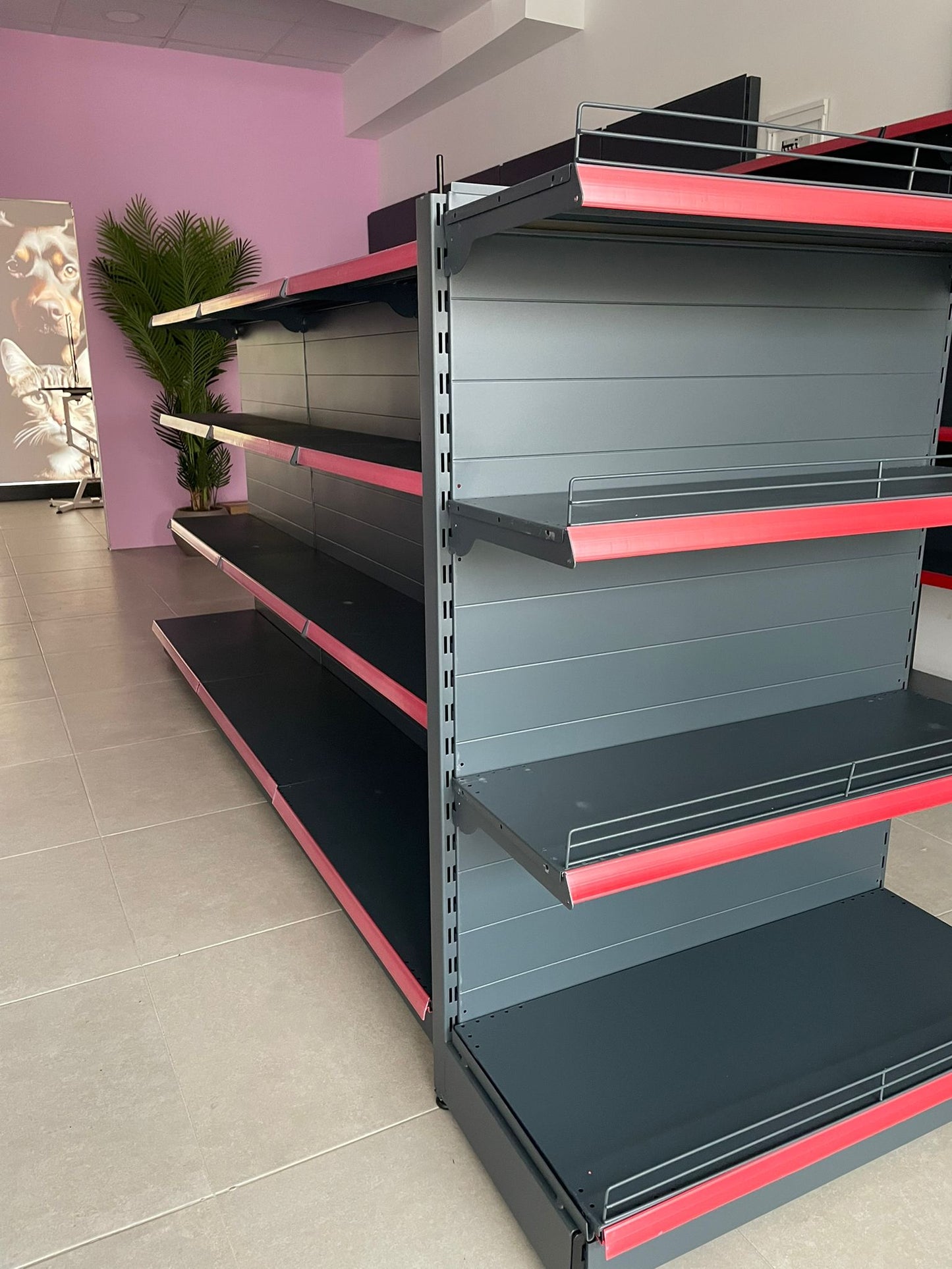 Çift Yönlü Market Orta Reyon Rafı – 4 Katlı Antrasit, 5 Ünite – W450 × H140 × D30/40 cm