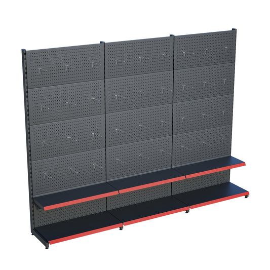 Antrasit Metal Delikli 3'lü Birleşik 2 Katlı Market Raf Sistemi | Hırdavat Rafı | G270CM Yükseklik H220 CM|