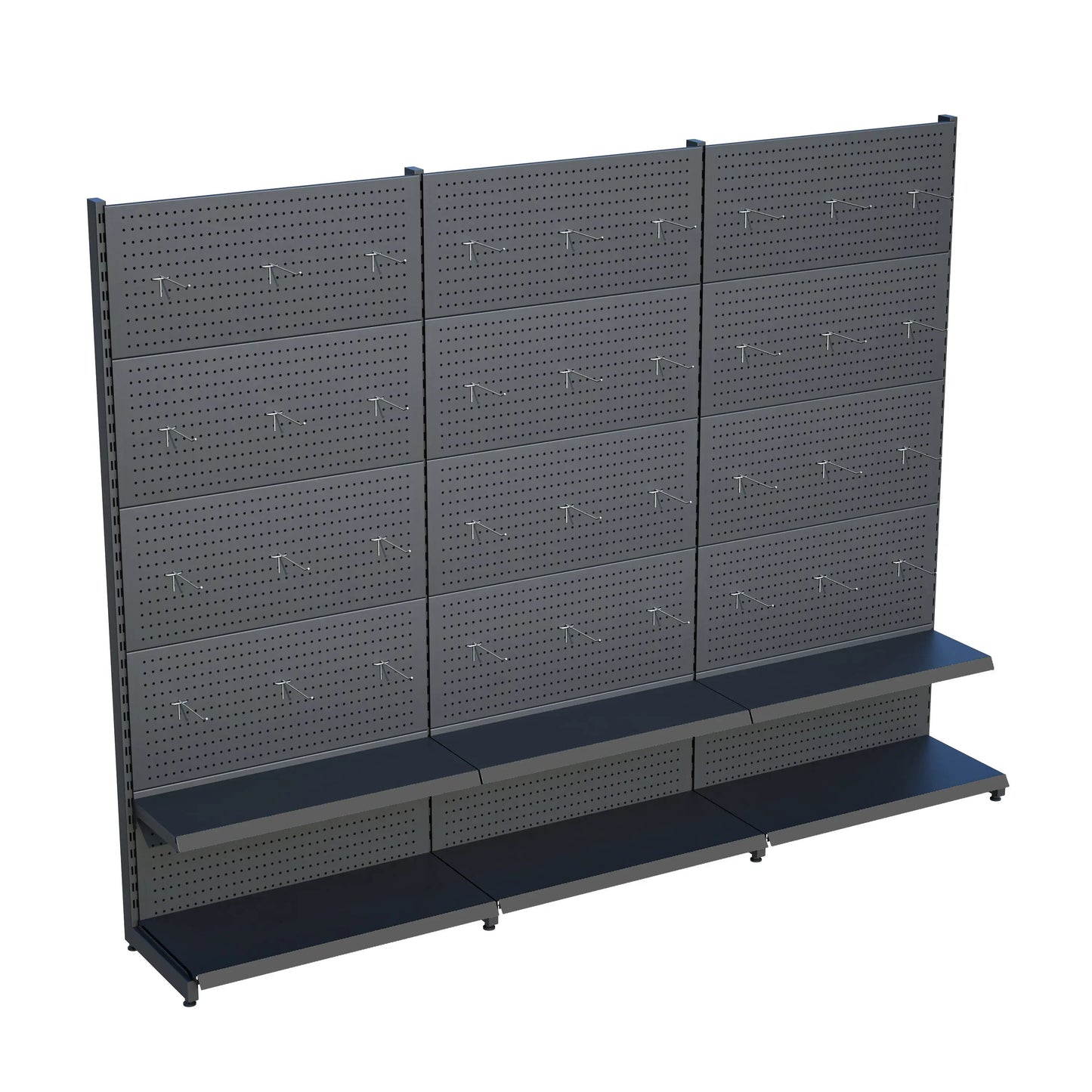Antrasit Metal Delikli 3'lü Birleşik 2 Katlı Market Raf Sistemi | Hırdavat Rafı | G270CM Yükseklik H220 CM| Raffar