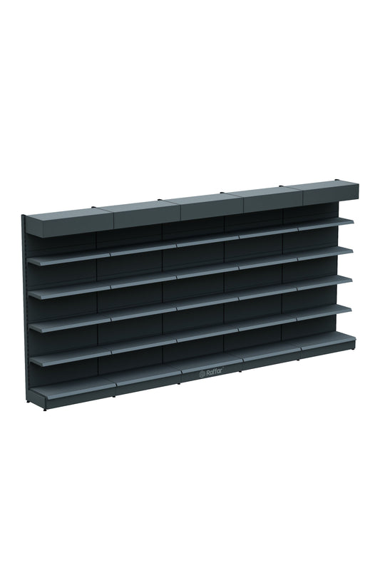 Raft de perete supermarket cu șapcă și bază – 5 niveluri alb, 5 unități – L450 × Î220 × A30/40 cm