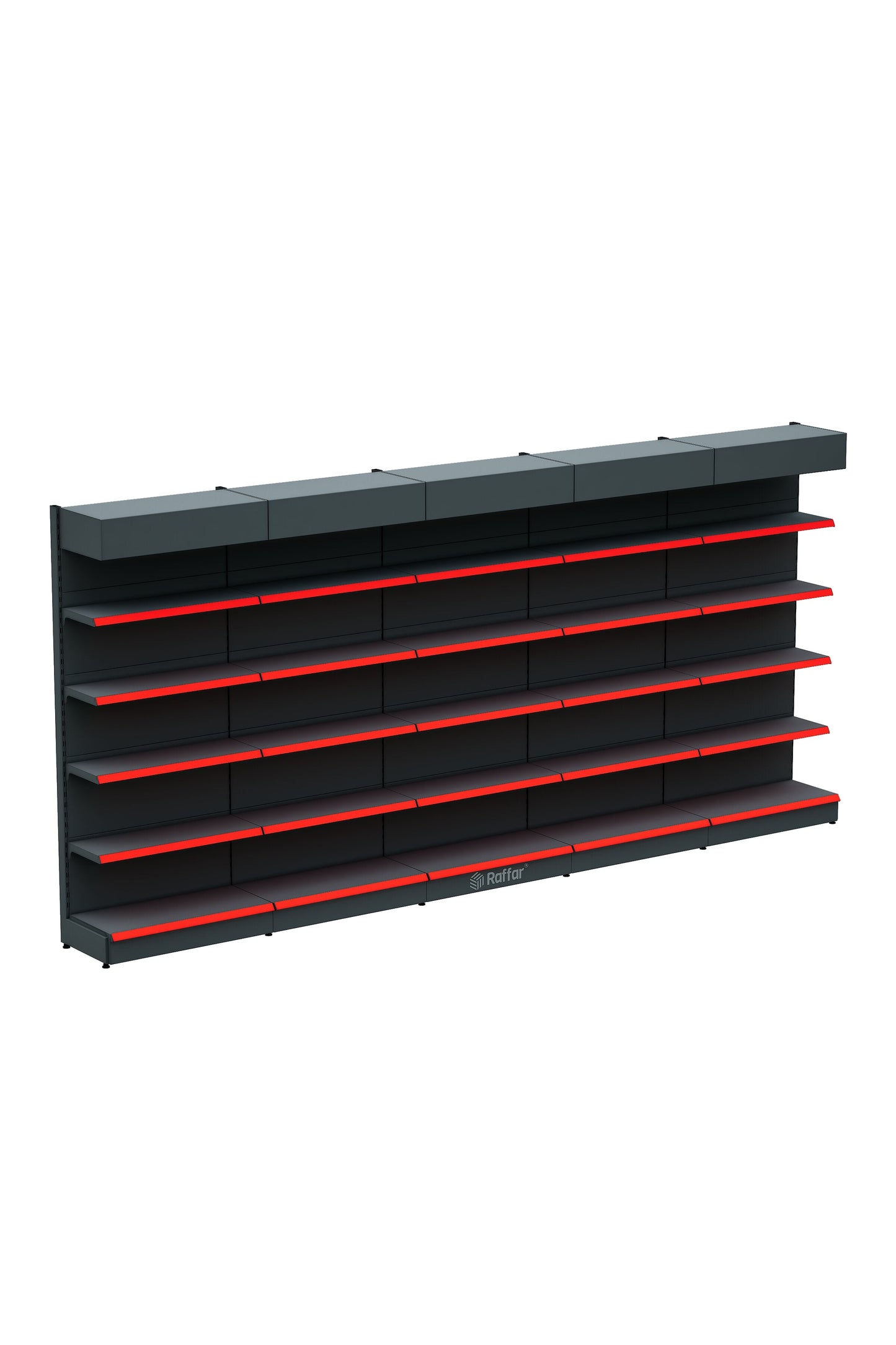 Şapkalı ve Bazalı Market Duvar Rafı – 5 Katlı Beyaz, 5 Ünite – W450 × H220 × D30/40 cm