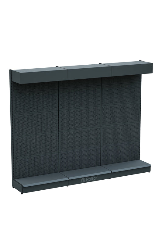 Şapkalı ve Bazalı Delikli Hırdavat Rafı – Antrasit, 3 Ünite – W270 × H220 × D30/40 cm