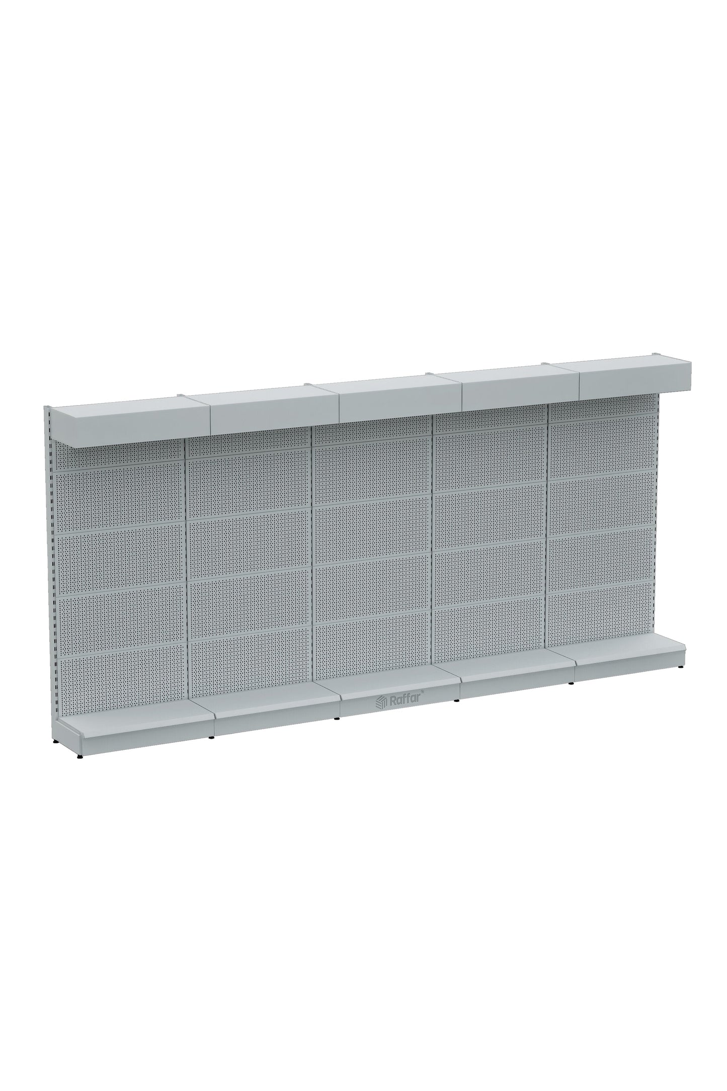 Şapkalı ve Bazalı Delikli Hırdavat Rafı – Beyaz, 5 Ünite – W450 × H220 × D30/40 cm