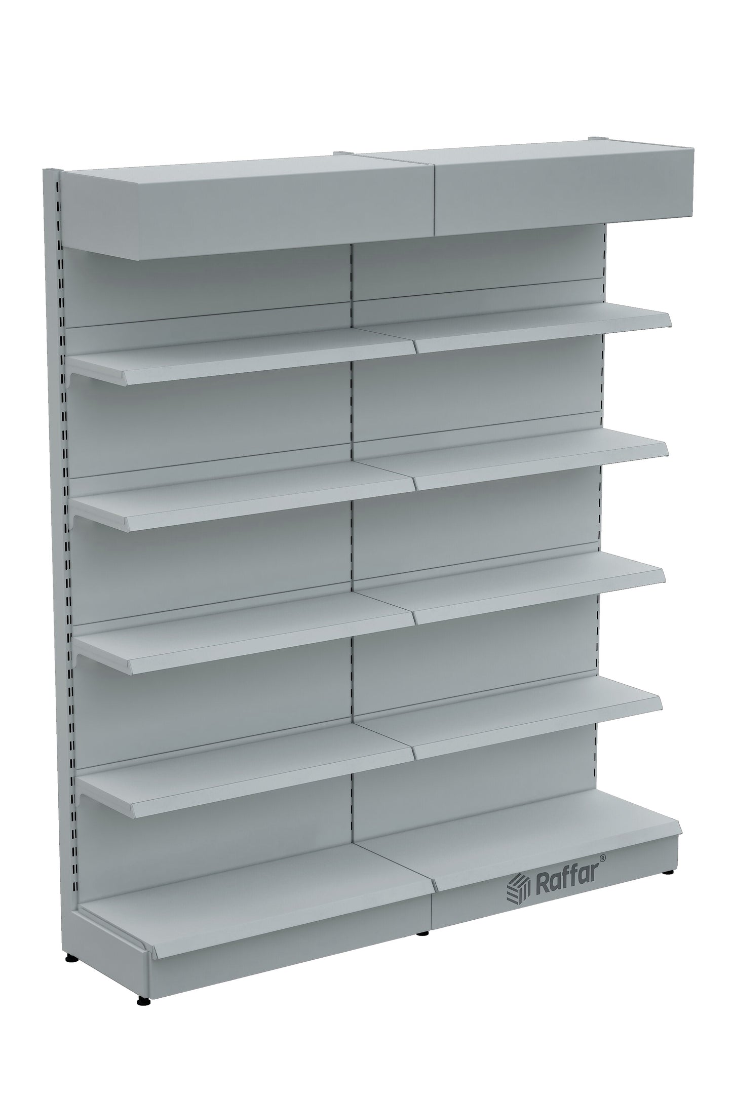 Şapkalı ve Bazalı Market Duvar Rafı – 5 Katlı Beyaz, 2 Ünite – W180 × H220 × D30/40 cm