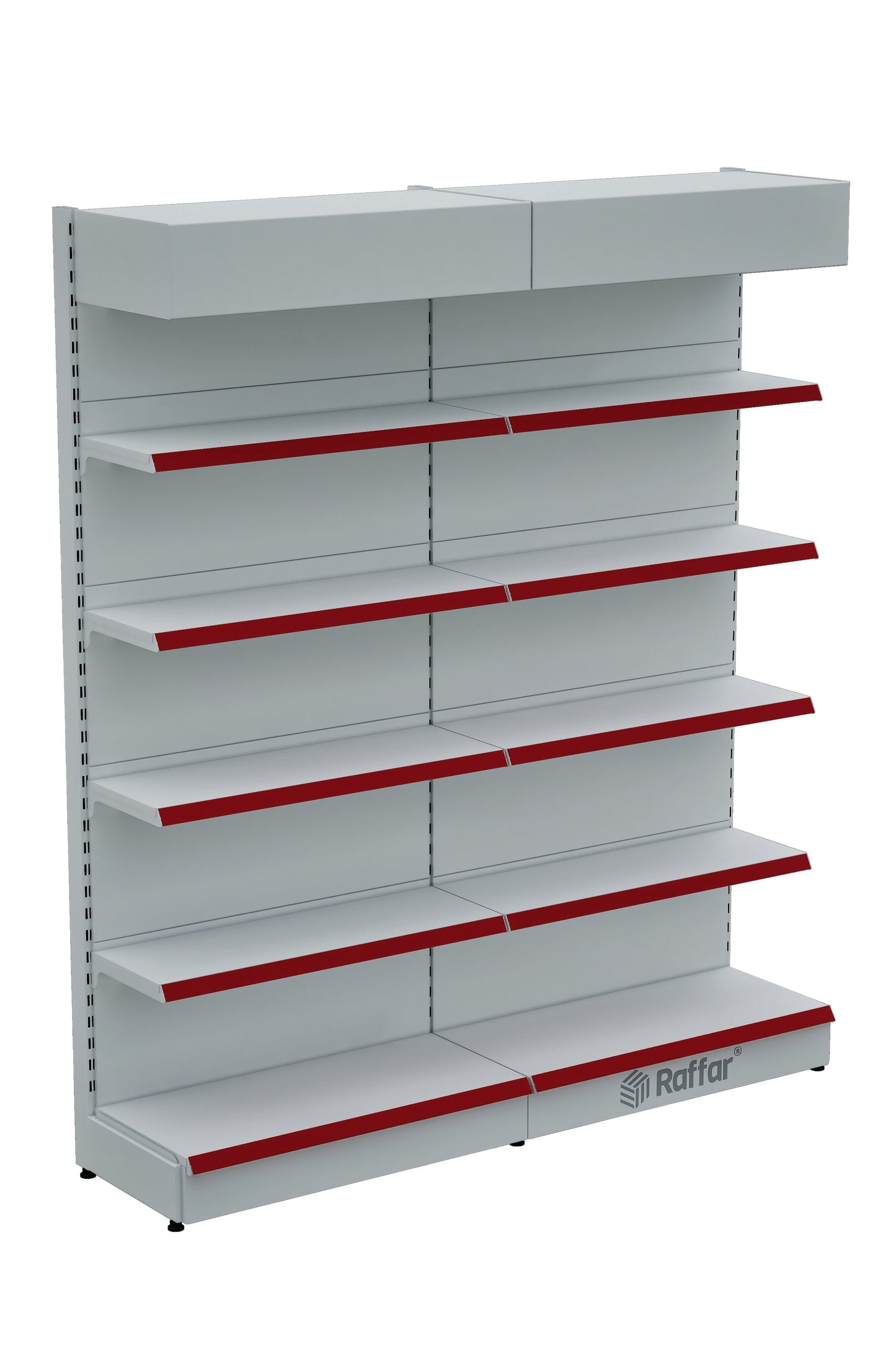 Şapkalı ve Bazalı Market Duvar Rafı – 5 Katlı Beyaz, 2 Ünite – W180 × H220 × D30/40 cm