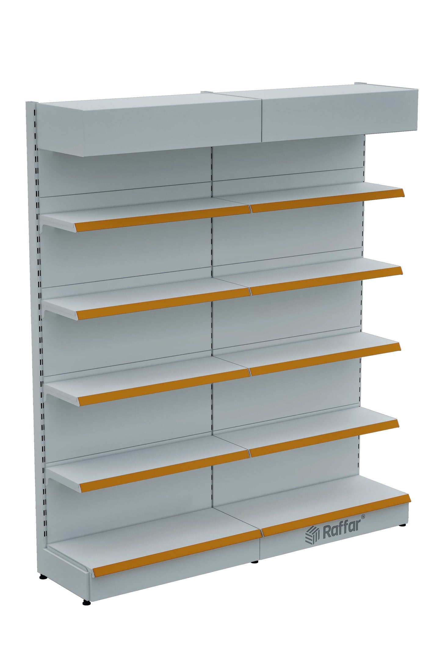 Şapkalı ve Bazalı Market Duvar Rafı – 5 Katlı Beyaz, 2 Ünite – W180 × H220 × D30/40 cm