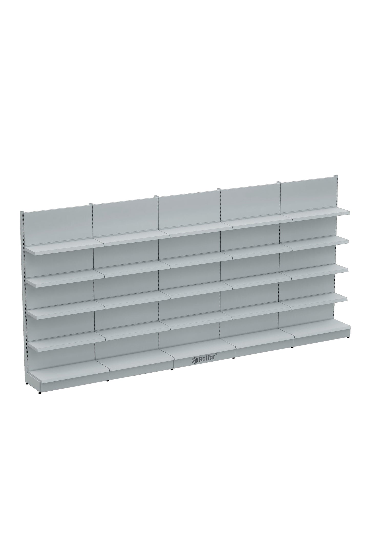 Bazalı Market Duvar Rafı – 5 Katlı Beyaz, 5 Ünite – W450 × H220 × D30/40 cm