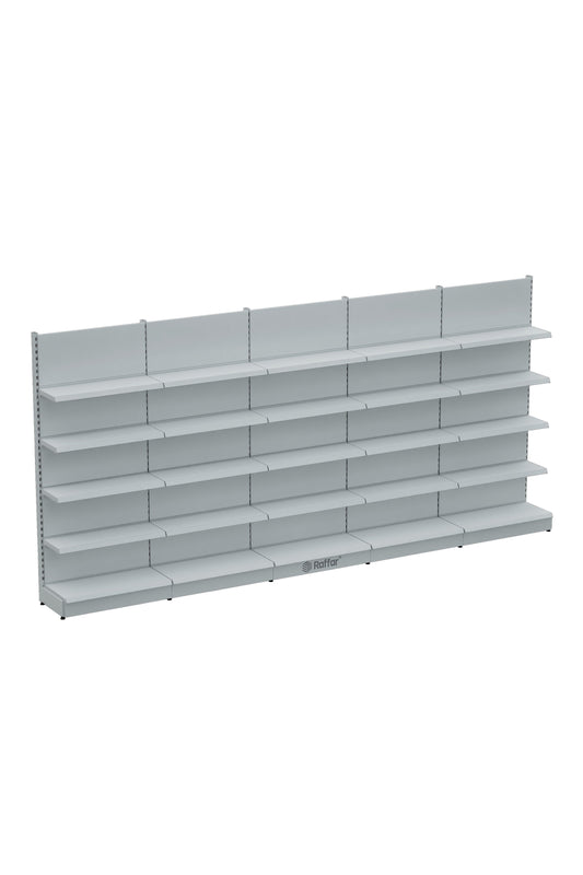 Raft de perete modular pentru piață cu bază – 5 niveluri alb, 5 unități – L450 × H220 × A30/40 cm