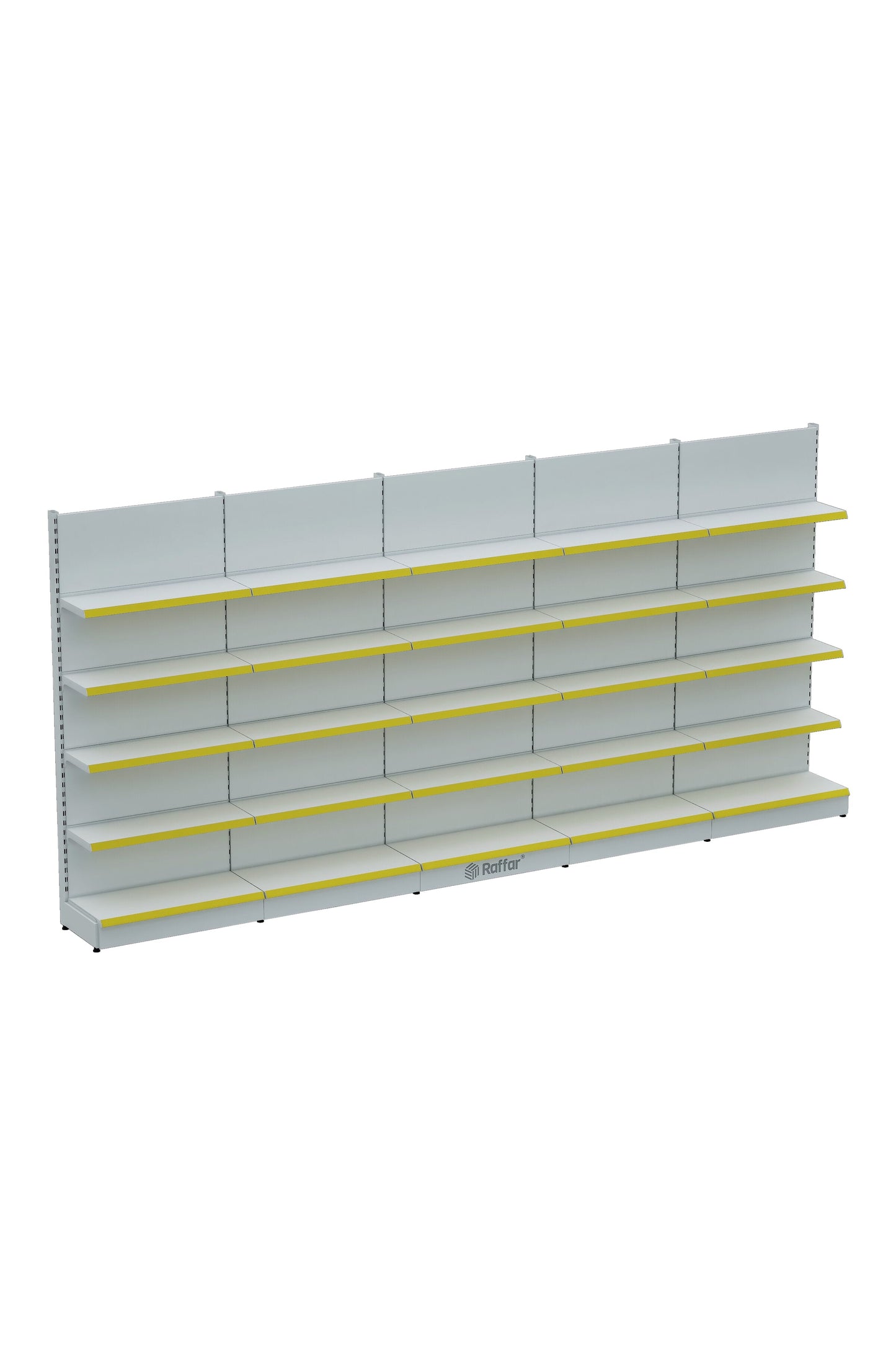 Bazalı Market Duvar Rafı – 5 Katlı Beyaz, 5 Ünite – W450 × H220 × D30/40 cm