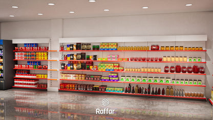 Bazalı Çift Yönlü Market Orta Reyon Rafı – 4 Katlı Beyaz, Tek Ünite – W90 × H140 × D30/40 cm
