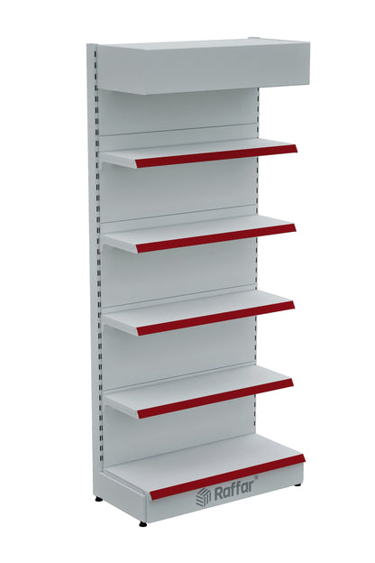 Şapkalı ve Bazalı Market Duvar Rafı – 5 Katlı Beyaz, Tek Ünite – W90 × H220 × D30/40 cm