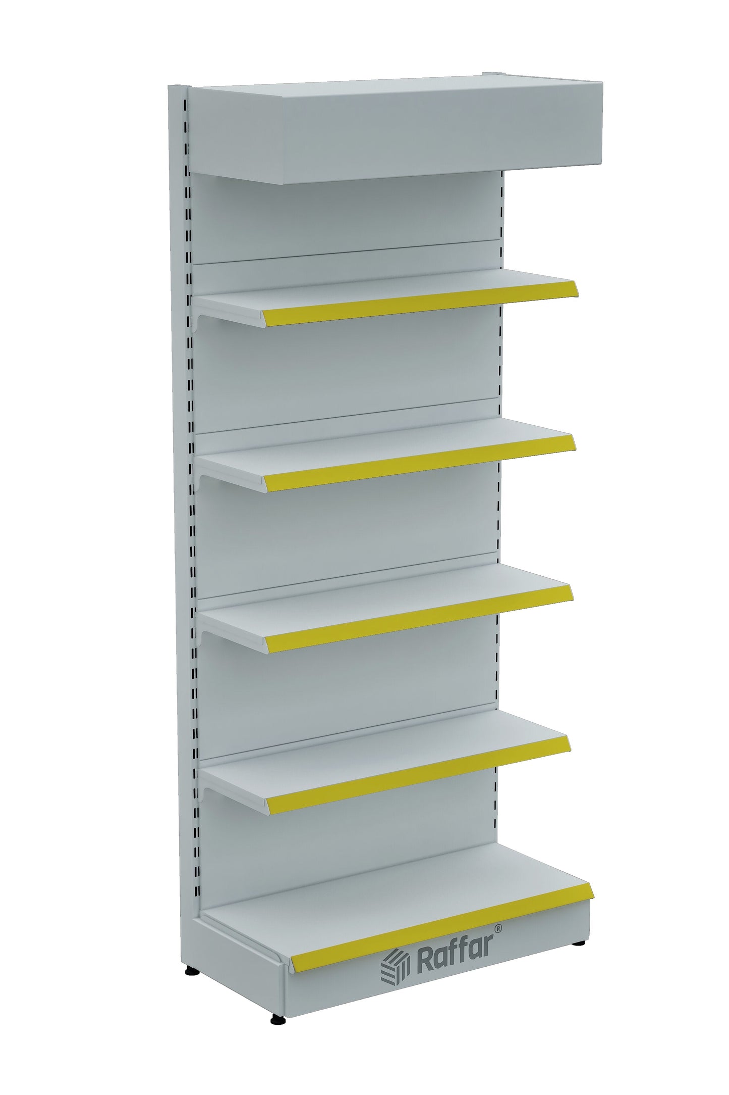 Şapkalı ve Bazalı Market Duvar Rafı – 5 Katlı Beyaz, Tek Ünite – W90 × H220 × D30/40 cm