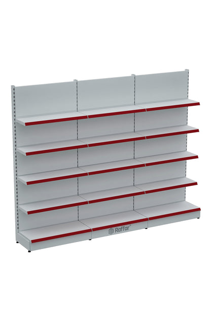 Bazalı Market Duvar Rafı – 5 Katlı Beyaz, 3 Ünite – W270 × H220 × D30/40 cm