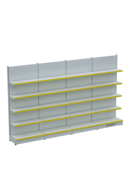Bazalı Market Duvar Rafı – 5 Katlı Beyaz, 4 Ünite – W360 × H220 × D30/40 cm