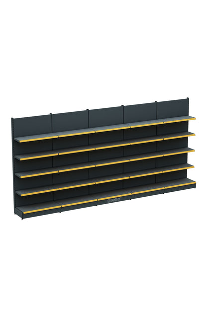 Bazalı Market Duvar Rafı – 5 Katlı Beyaz, 5 Ünite – W450 × H220 × D30/40 cm