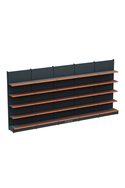 Bazalı Market Duvar Rafı – 5 Katlı Beyaz, 5 Ünite – W450 × H220 × D30/40 cm