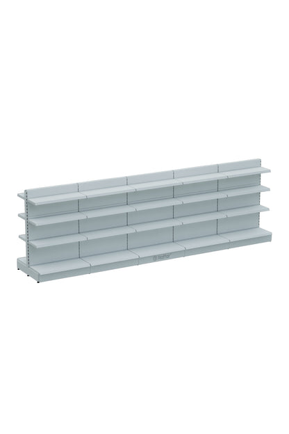 Bazalı Çift Yönlü Market Orta Reyon Rafı – 4 Katlı Beyaz, 5 Ünite – W450 × H140 × D30/40 cm