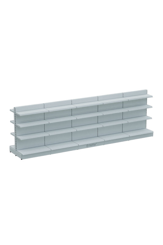 Bazalı Çift Yönlü Market Orta Reyon Rafı – 4 Katlı Beyaz, 5 Ünite – W450 × H140 × D30/40 cm