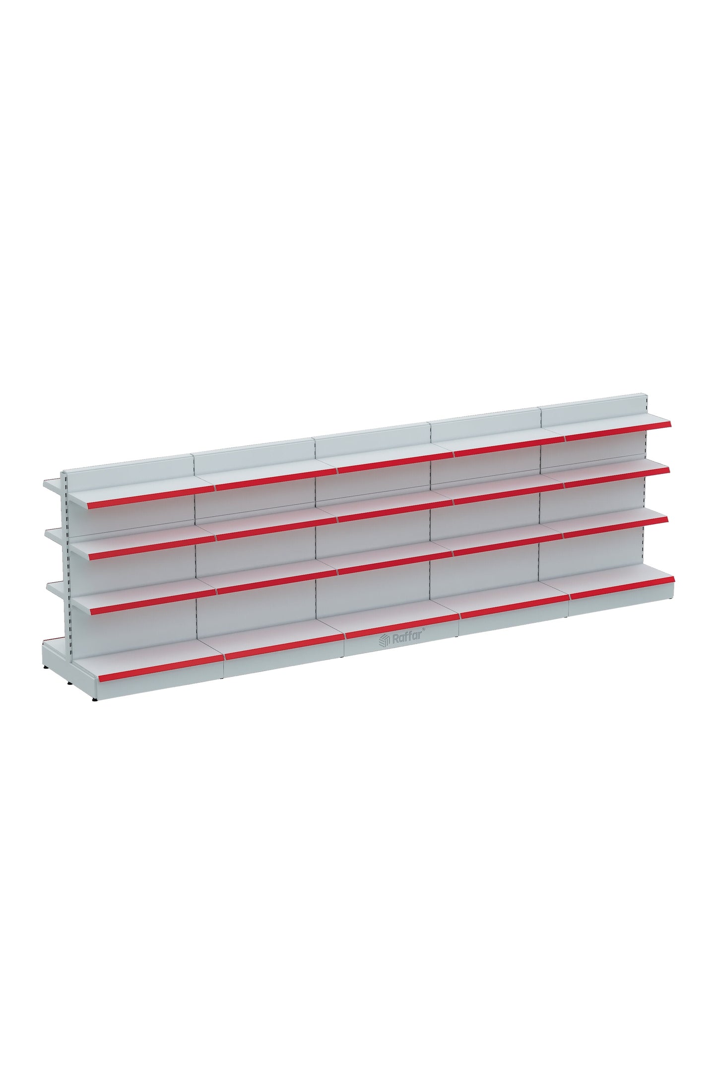 Bazalı Çift Yönlü Market Orta Reyon Rafı – 4 Katlı Beyaz, 5 Ünite – W450 × H140 × D30/40 cm