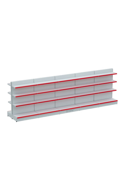Bazalı Çift Yönlü Market Orta Reyon Rafı – 4 Katlı Beyaz, 5 Ünite – W450 × H140 × D30/40 cm