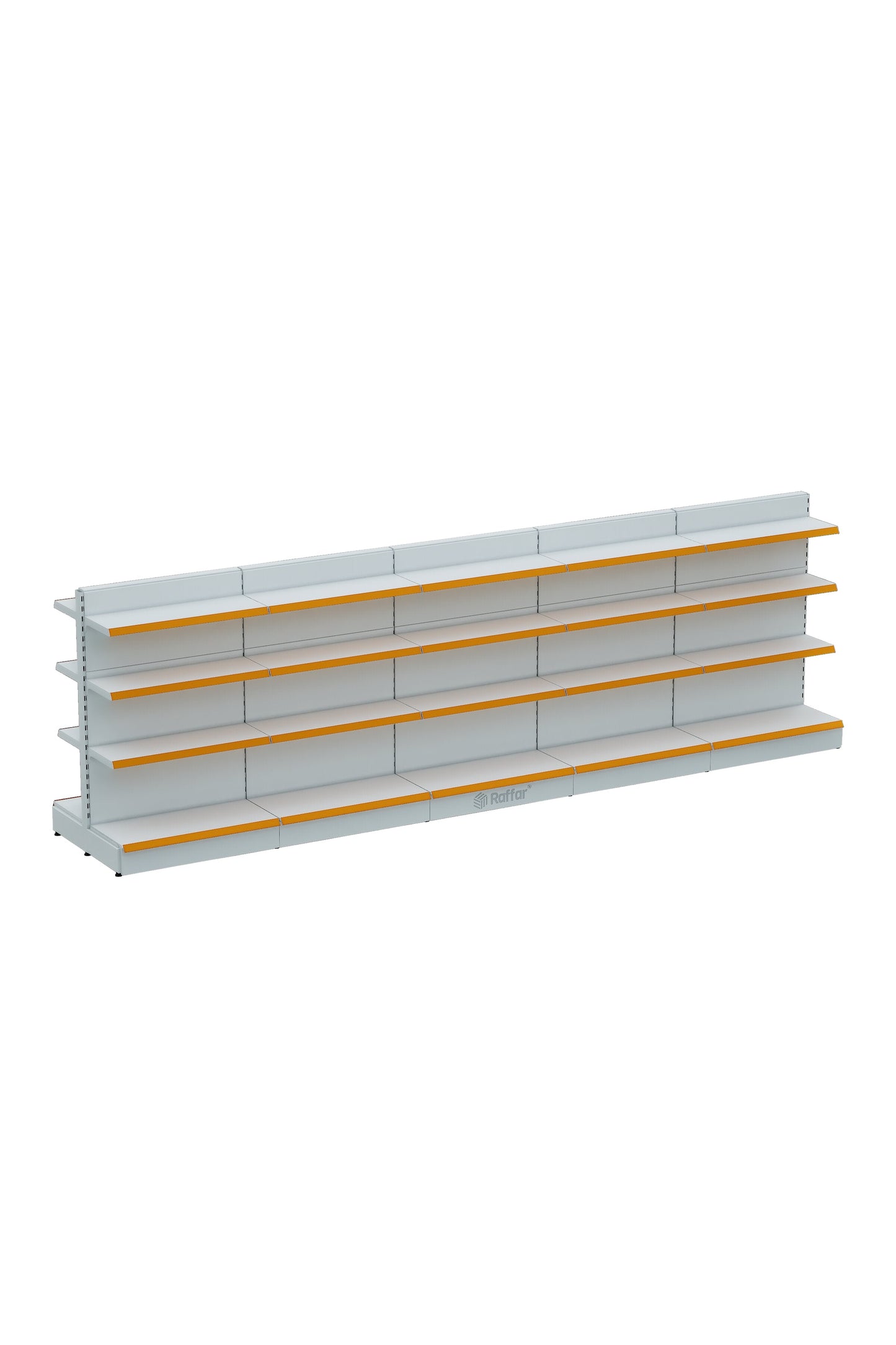 Bazalı Çift Yönlü Market Orta Reyon Rafı – 4 Katlı Beyaz, 5 Ünite – W450 × H140 × D30/40 cm