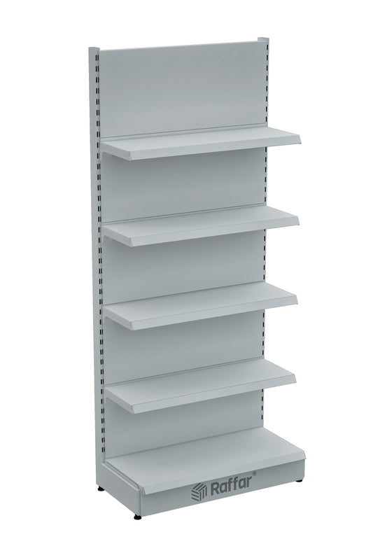 Raft de perete de supermarket cu bază – 5 niveluri alb, o unitate – L90 × Î220 × A30/40 cm