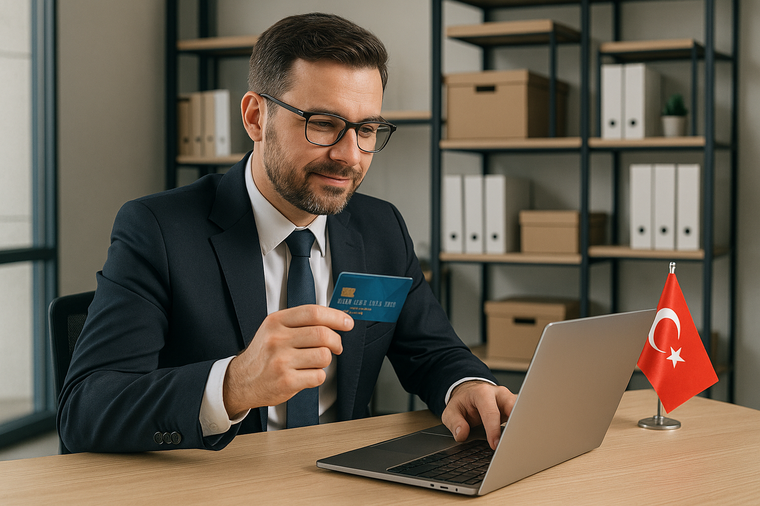 kredi kartıyla raf siparişi veren adam görseli