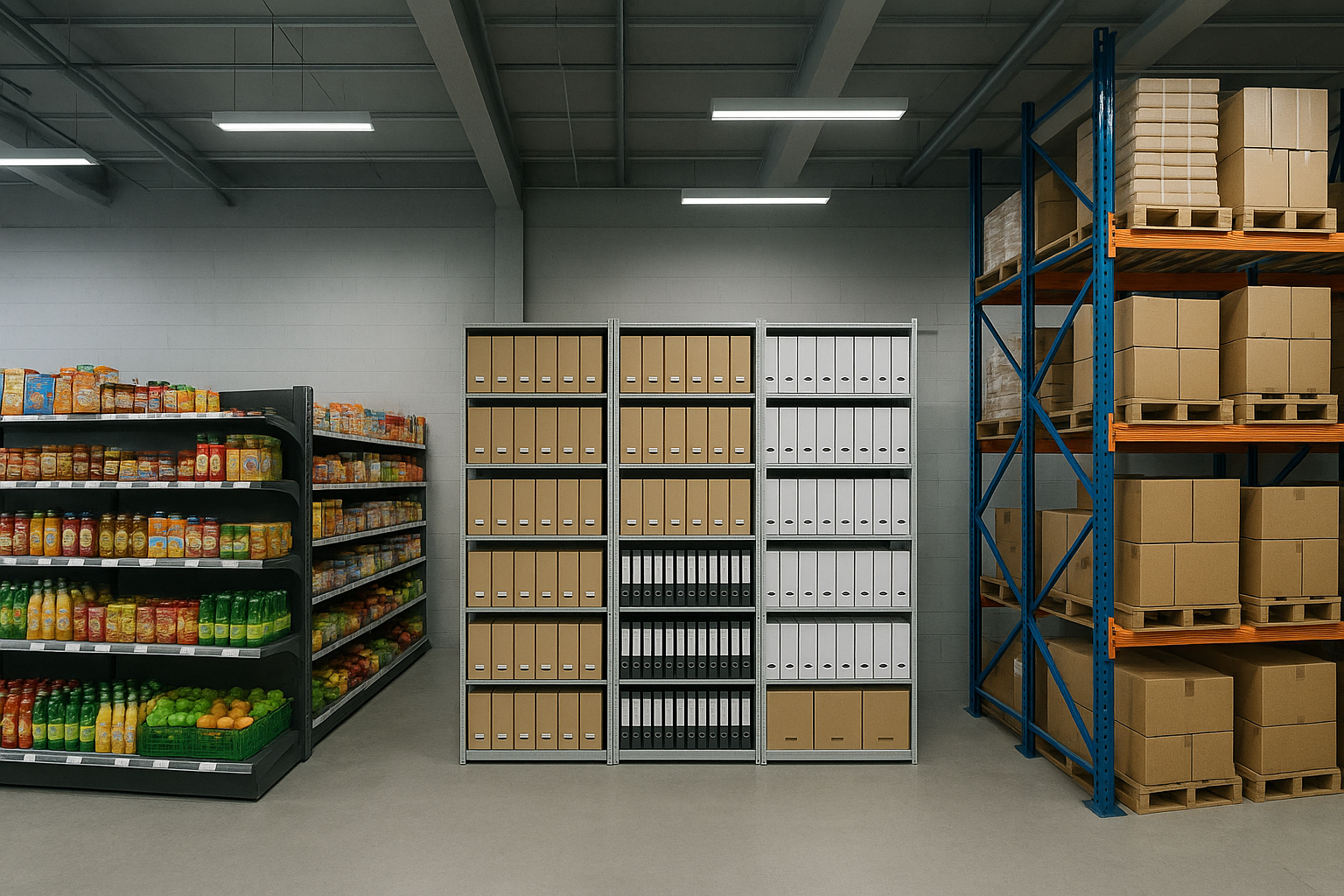 supermarket raflarının, arşiv raflarının ve depo raflarının beraber yer aldığı bir ortam görseli hazırla. yatay formatta olsun.